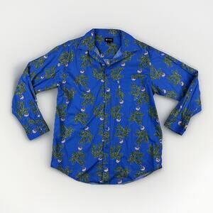 Haggar Mens‎ M Blue Patriotic Button Up Shirt Palm Tree Holiday USA Flag Print